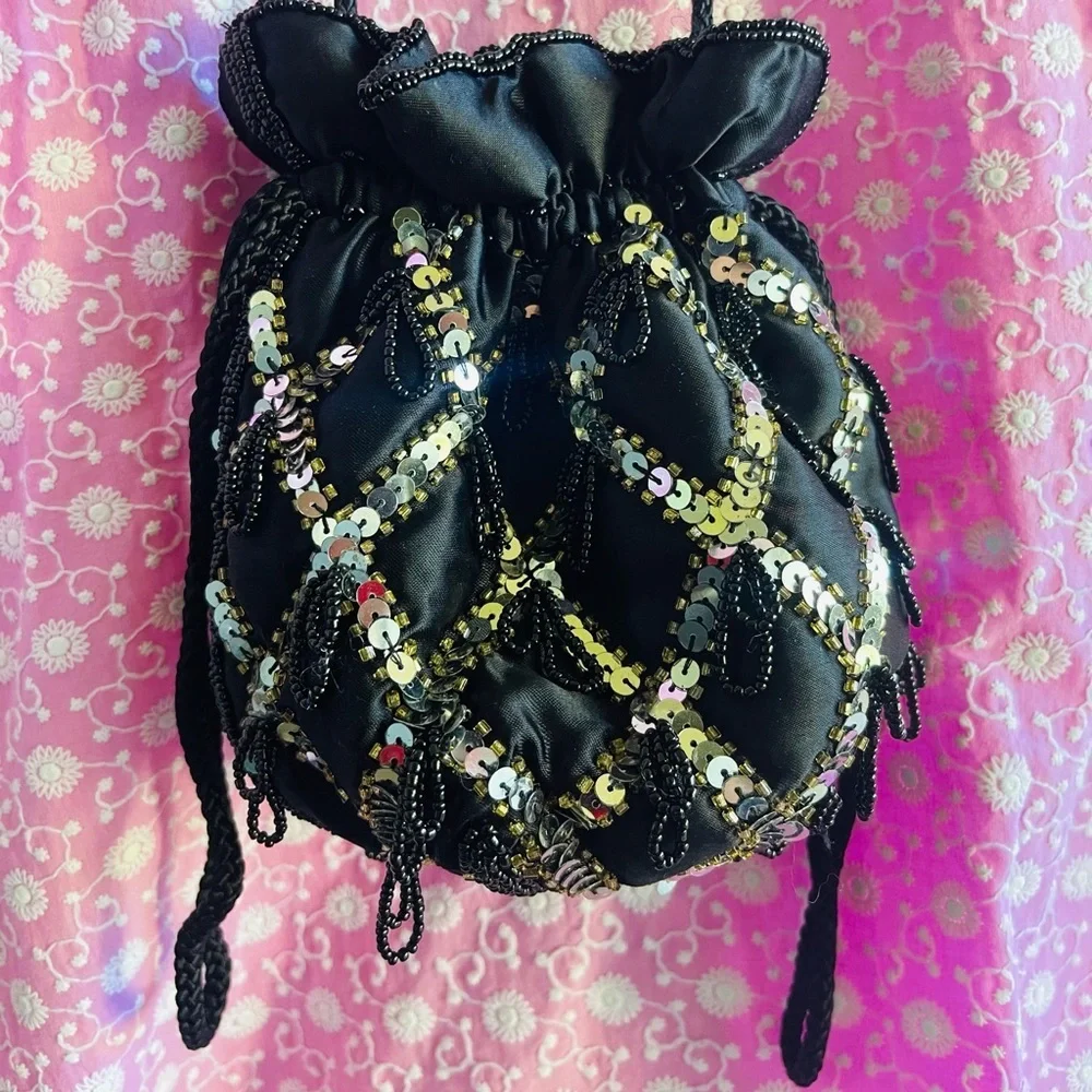 The Furst Collection Evening Sequin & Bead Crossbody Black Gold/Silver Handbag